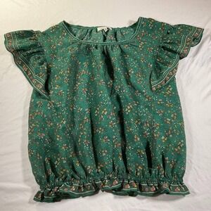 Max Studio Green Chiffon Blouse Womens Size XS Green Floral Flutter Sleeves